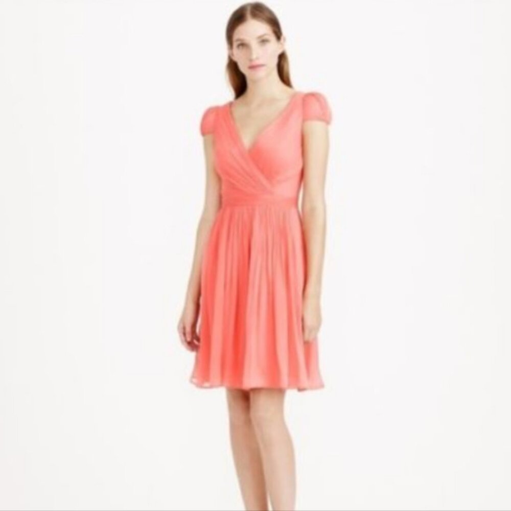 J. Crew Mirabelle silk chiffon short sleeve formal cocktail dress coral pink 4